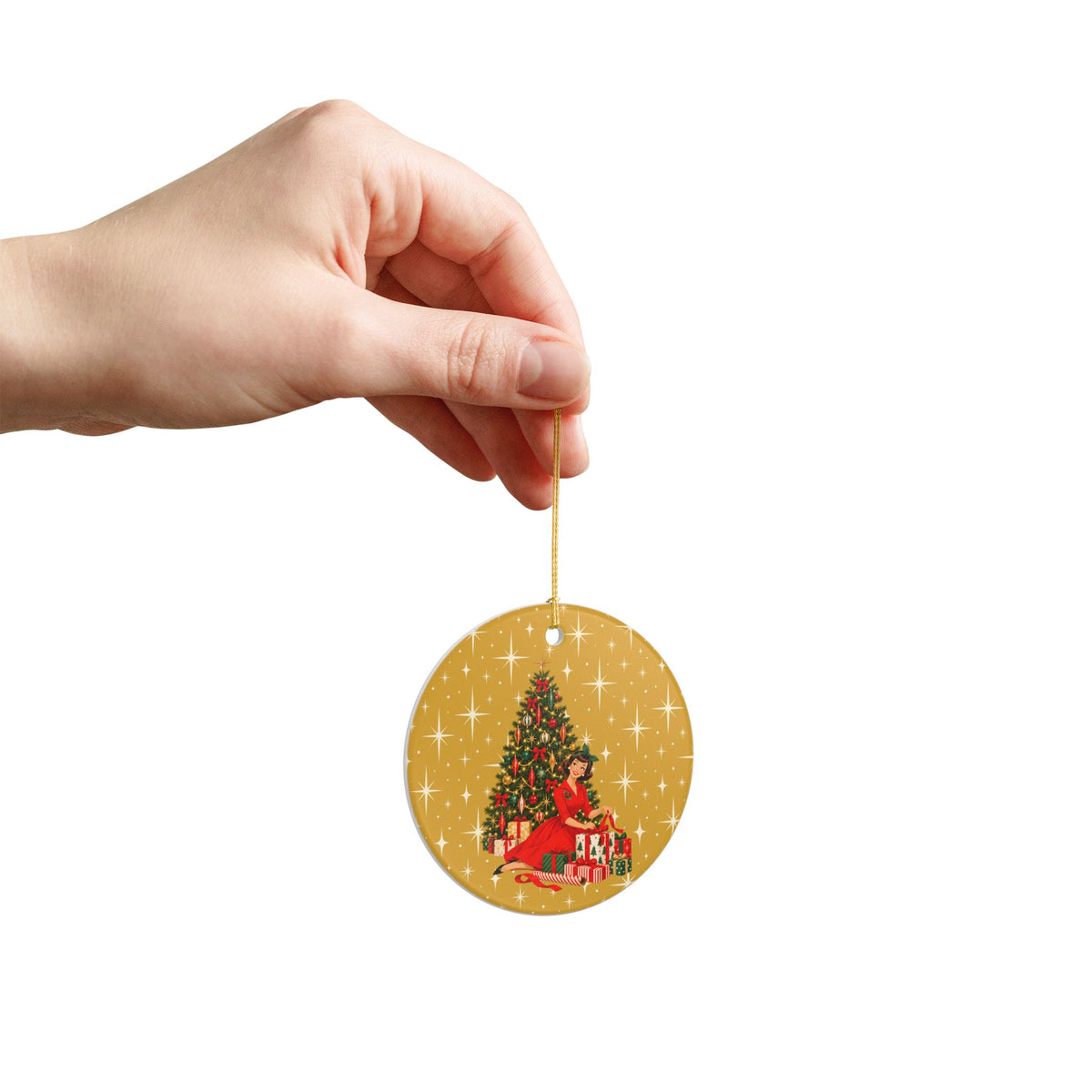 Mid Century Modern Christmas Glamour Gal Wrapping Presents by Tree, Gold Atomic Starbursts Ceramic Christmas Tree Ornament