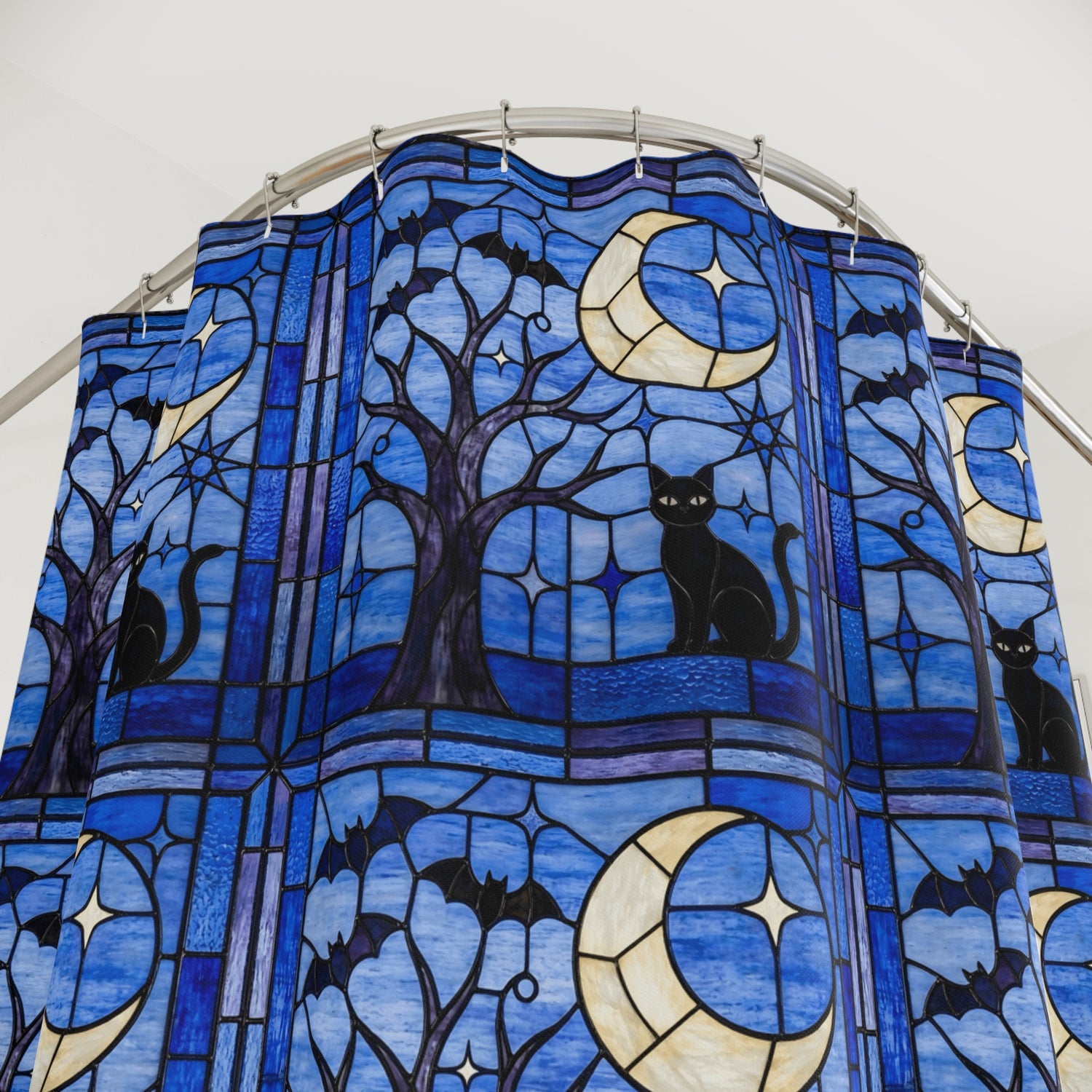 Halloween Stained Glass Style Night Sky Black Cat Shower Curtain - Mid Century Modern Gal