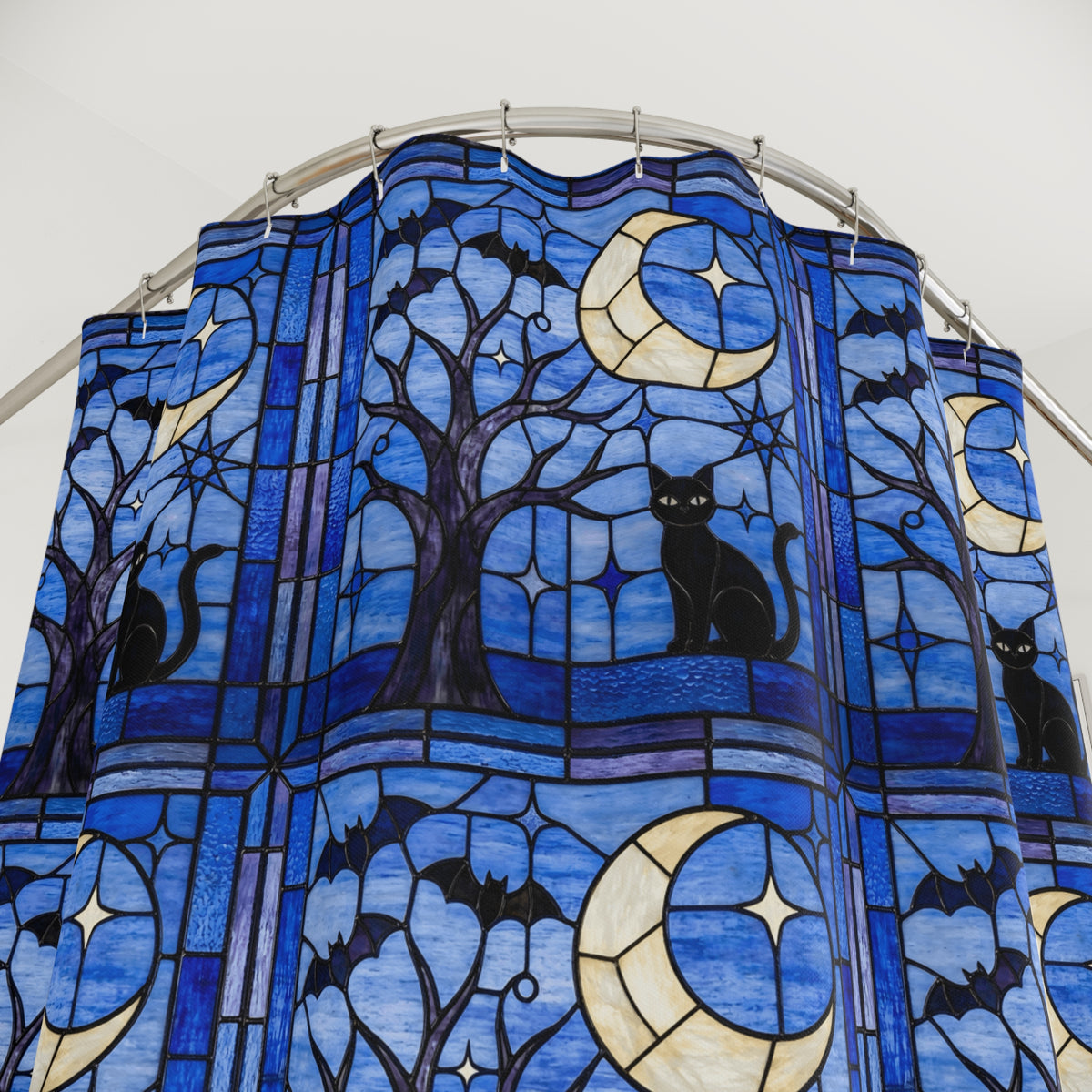 Halloween Stained Glass Style Night Sky Black Cat Shower Curtain - Mid Century Modern Gal