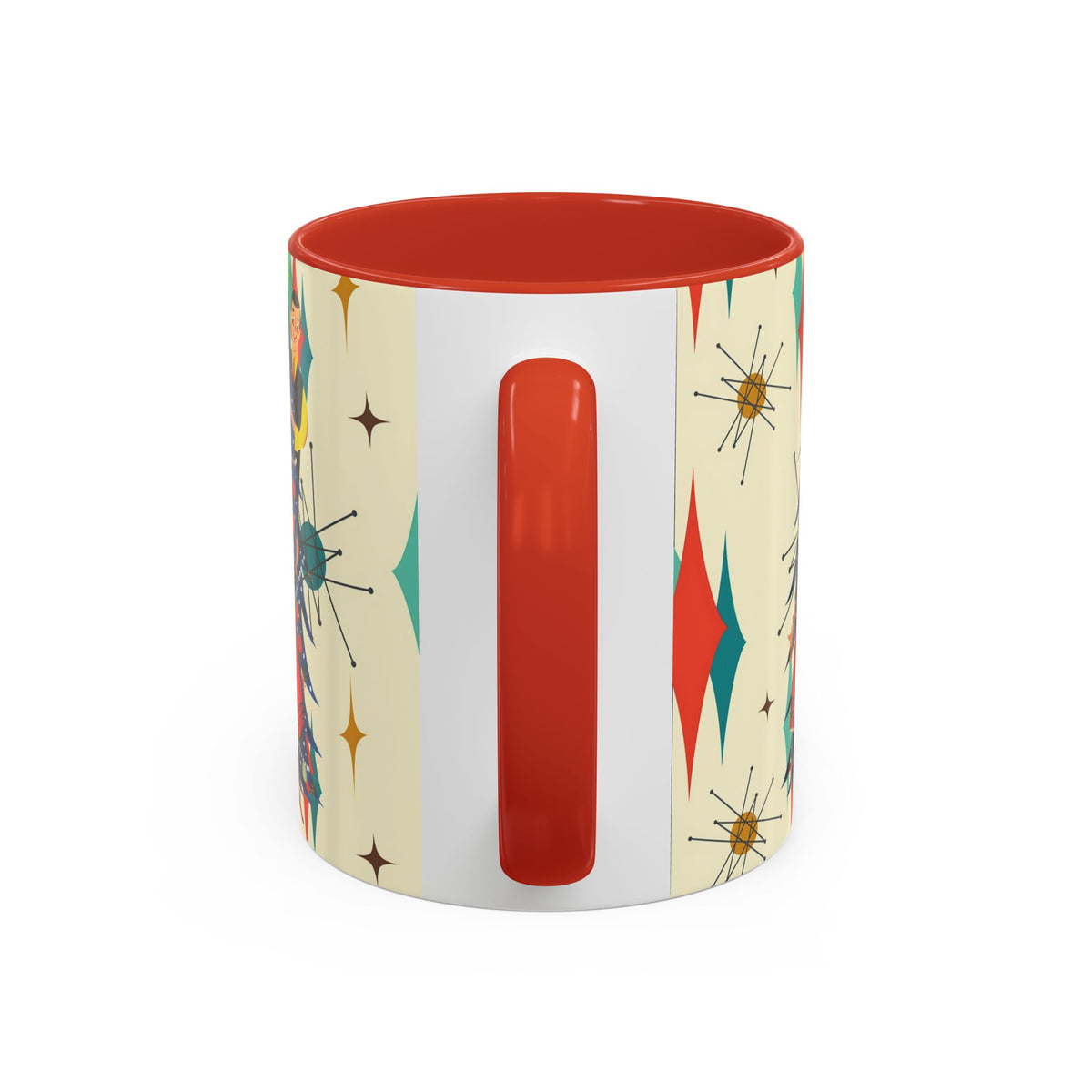 Mid Century Modern 50s Kitsch Christmas Starburst Coffee Mug with a red interior and retro starburst pattern on the exterior.