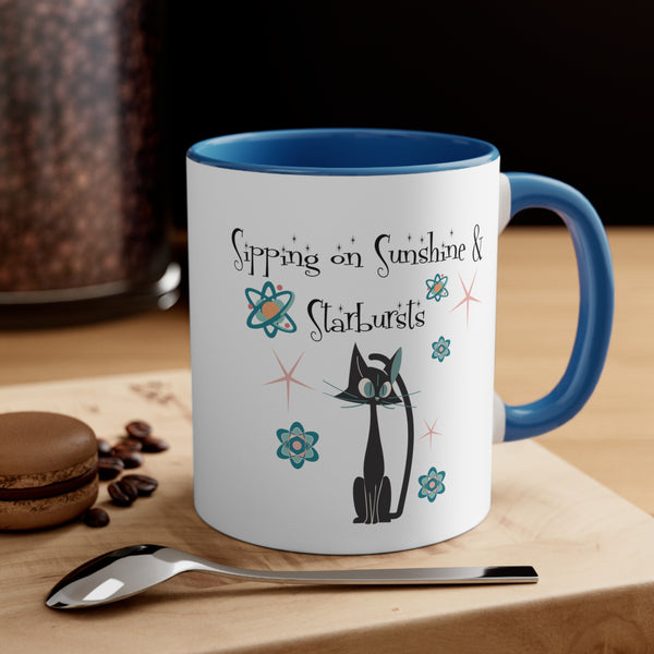 Atomic Cat Coffee Mug, Sipping On Sunshine, Mid Century Modern Style, Atoms, Starbursts Gifts For Couples, Mom, Mid Mod Friend