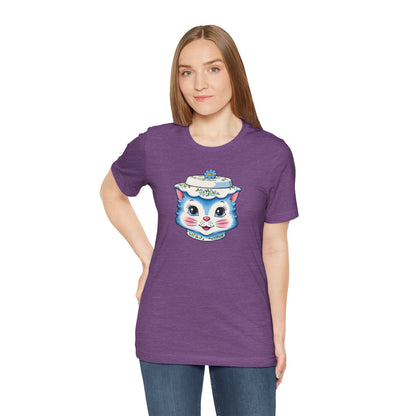 Mid Century Modern Kitschy Anthropomorphic Blue Cat with Floral Hat Unisex T-Shirt
