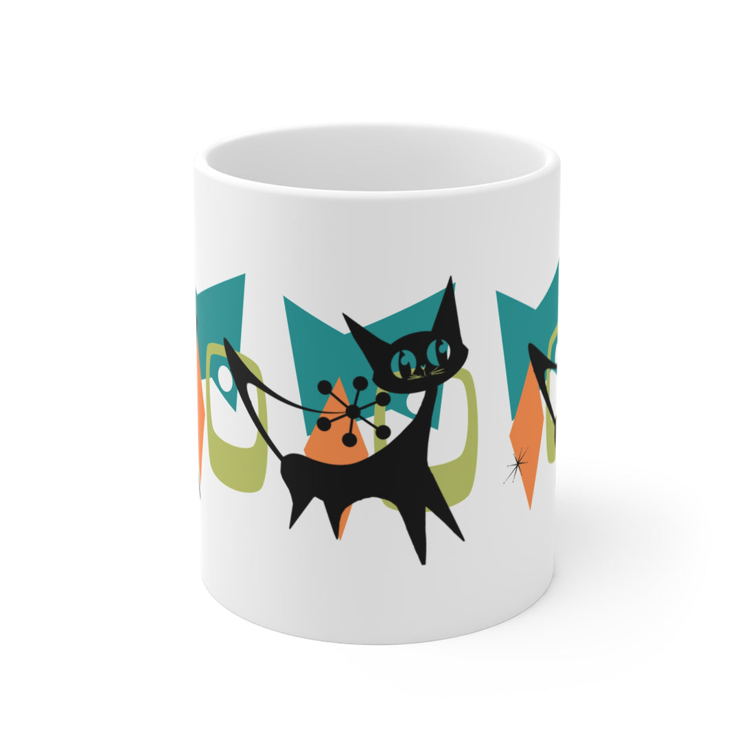 Atomic Cat Mid Century Modern Whimsical Cat Graphic Mug - 11oz Coffee Cup for Cat Lovers - Mid Century Modern Gal