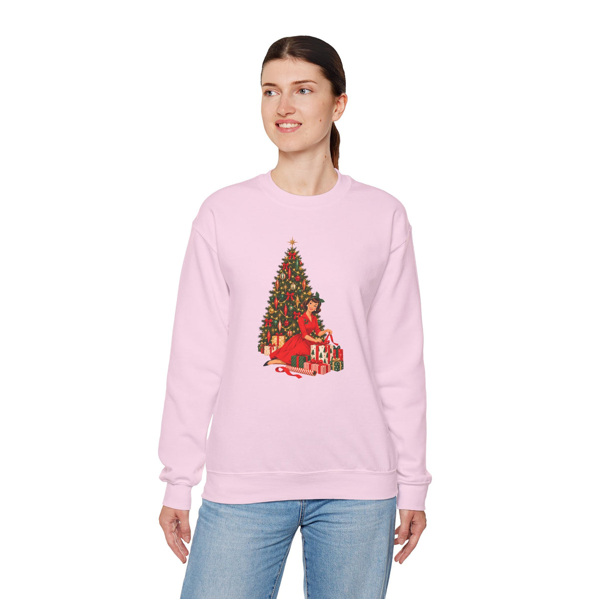 Mid Century Modern Christmas Glamour Gal Wrapping Presents by Tree Unisex Heavy Blend™ Crewneck Sweatshirt - Mid Century Modern Gal