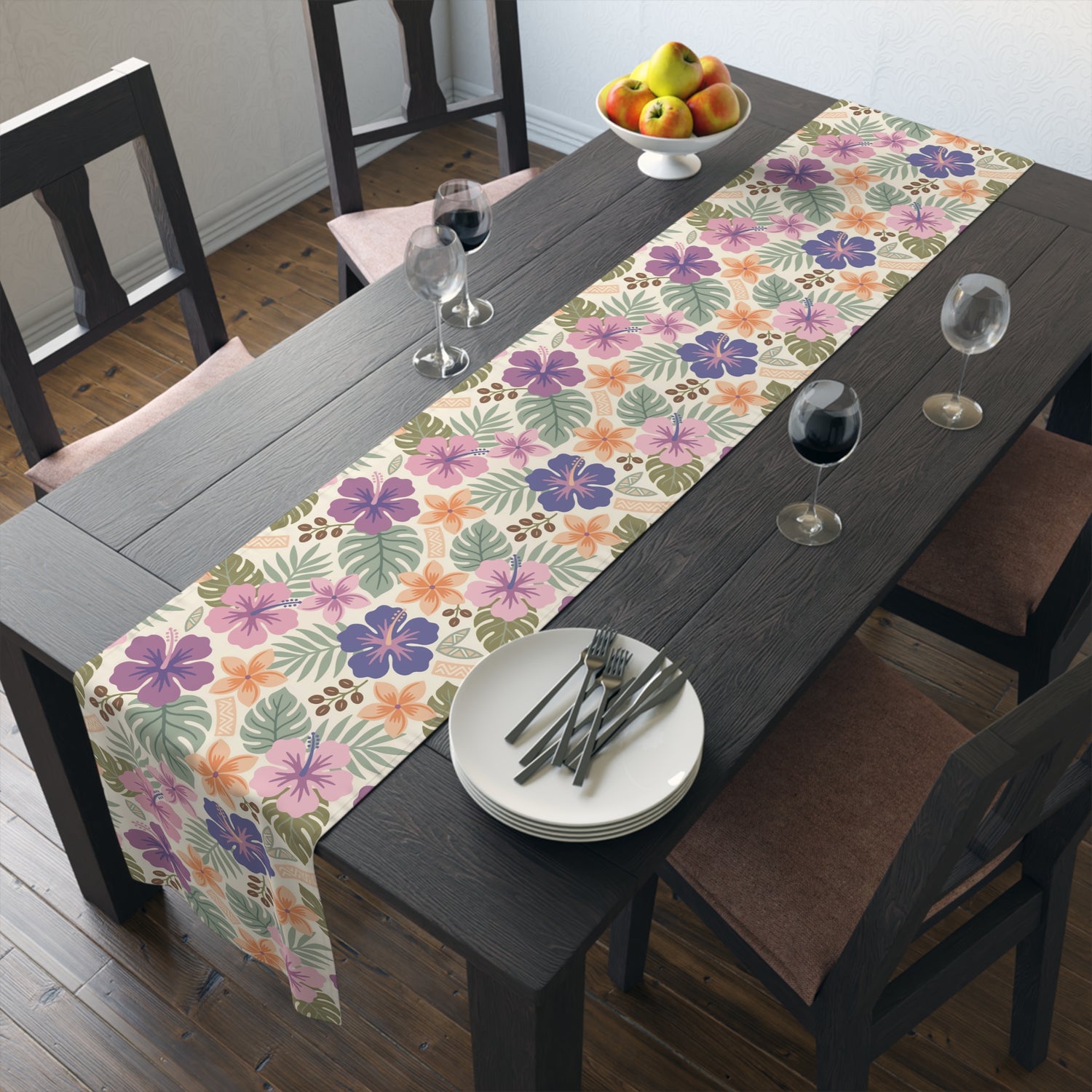 Retro Tropical Tiki Summer, Hawaiian Hibiscus Purple Table Runner