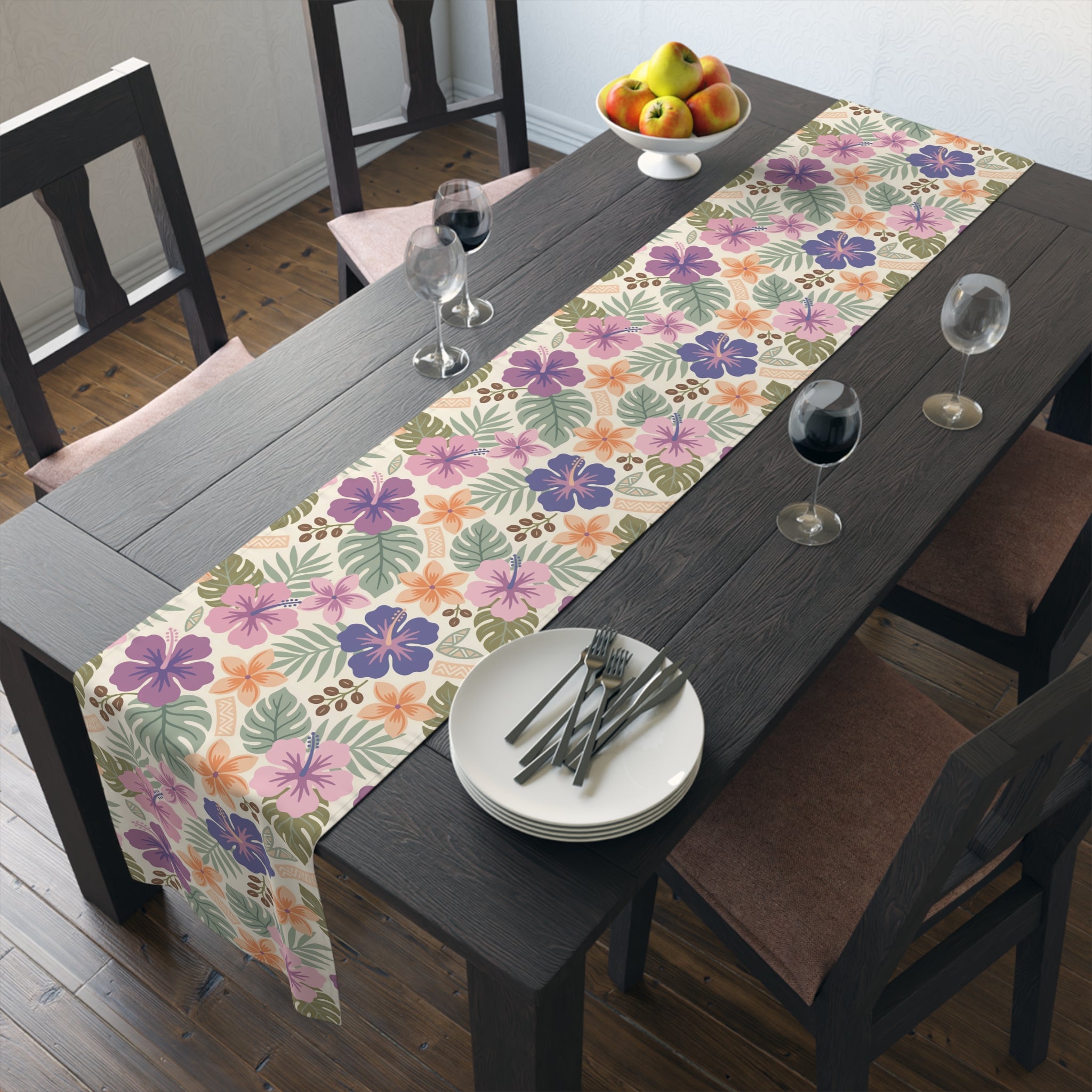 Retro Tropical Tiki Summer, Hawaiian Hibiscus Purple Table Runner