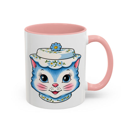 Mid Century Modern Kitschy Anthropomorphic Blue Cat with Floral Hat Accent Coffee Mug - Mid Century Modern Gal