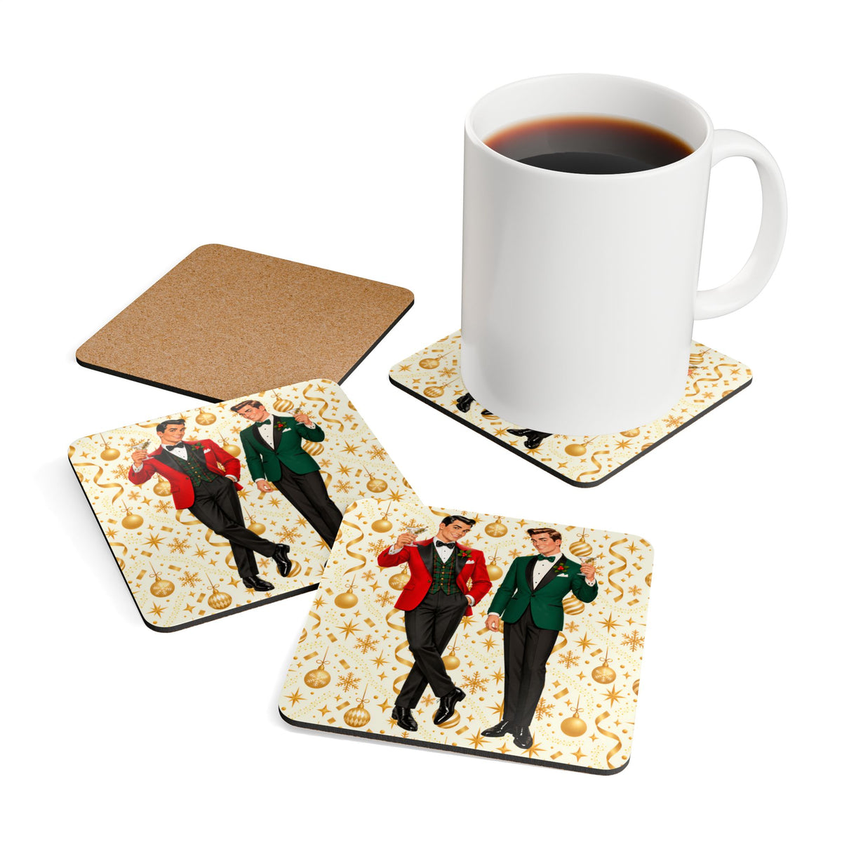 Mid Century Modern Christmas Martini Dapper Gay Male Couple Corkwood Coaster Set