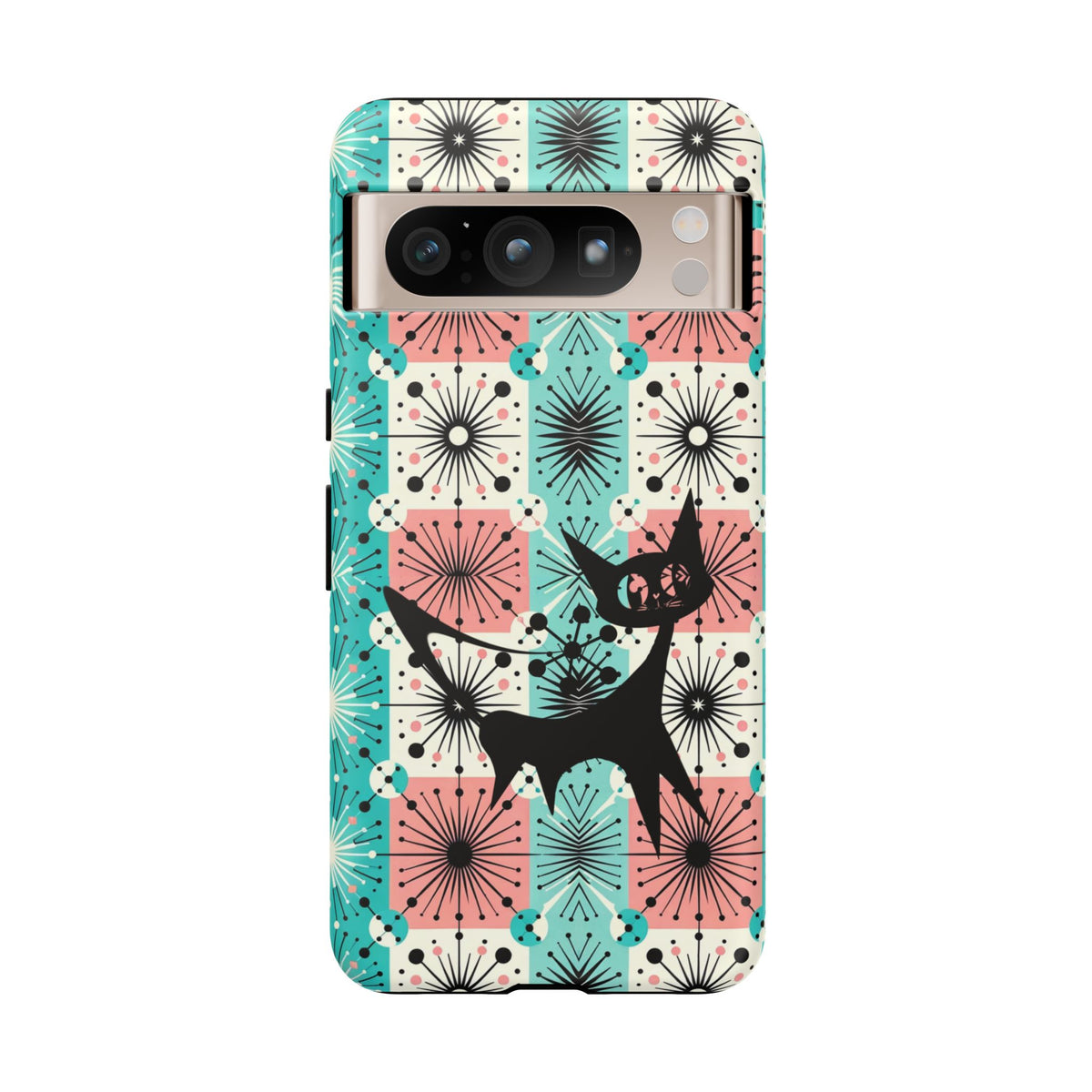 Atomic Kitschy Cat, Mid Century Modern Pink, Aqua Starbursts Tough Phone Case