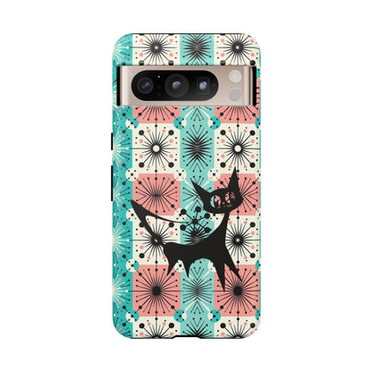 Atomic Kitschy Cat, Mid Century Modern Pink, Aqua Starbursts Tough Phone Case