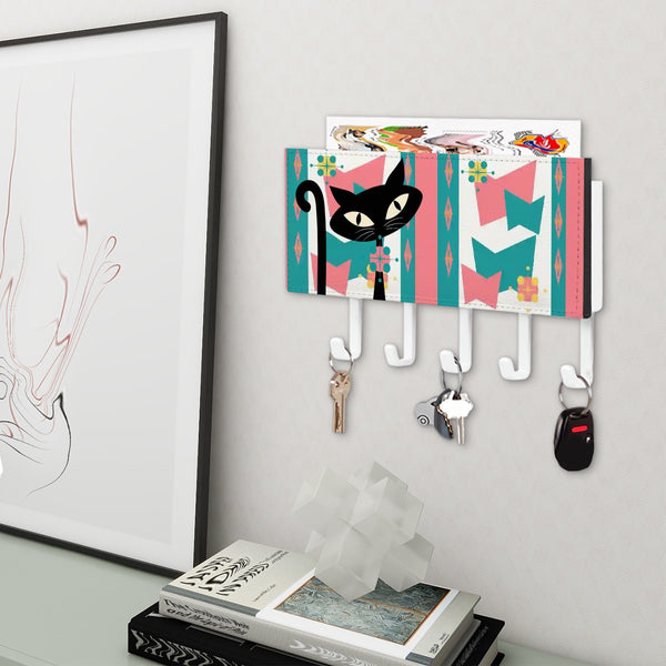 Atomic Cat Retro Key Holder, Mod Pink, Aqua Starburst Geometric Kitschy Key Holder Wall Mount