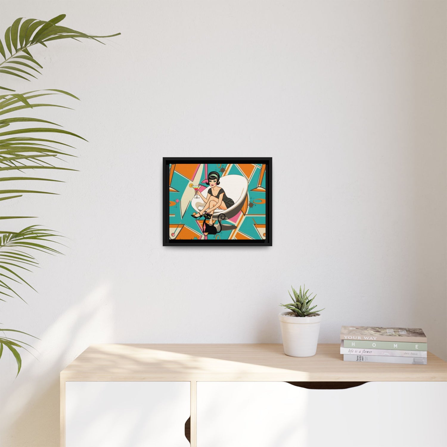 Mid Mod 60s Gal, Atomic Cat Barware Wall Art - Framed Matte Canvas with Vintage Cocktail And Retro Cat Design - Mid Century Modern Gal