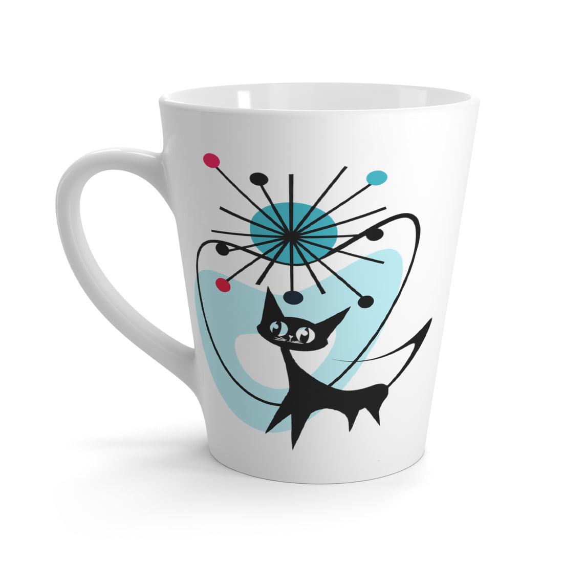 Atomic Cat Latte Mug, Starburst, Atomic Boomerang, Black Cat Lover, Aqua Blue, Kitschy Coffee Tea Mug - Mid Century Modern Gal