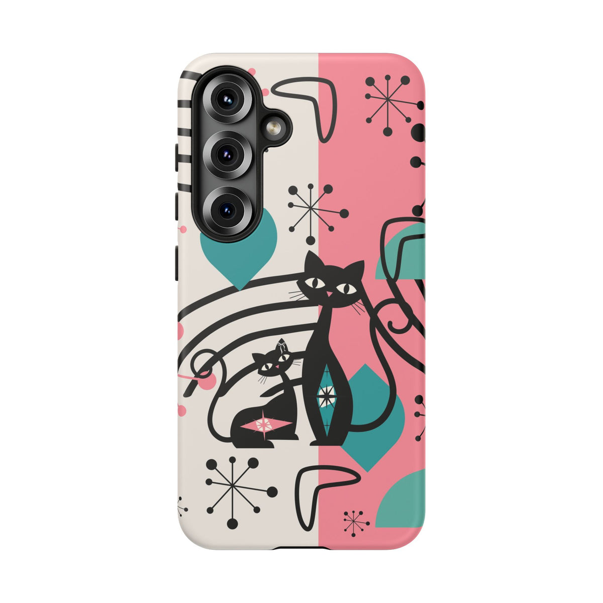 Mid Mod Atomic Cat Boomerang Starburst, Pink, Black Kitschy Stylish Cat Phone Case: Modern Design for Cat Lovers