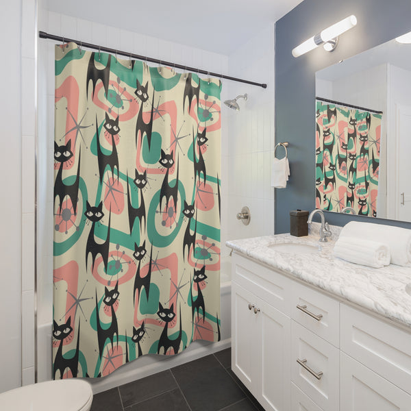 Atomic Kittie Cat, Mid Century Modern Mint Green Coral Pink Shower Curtain