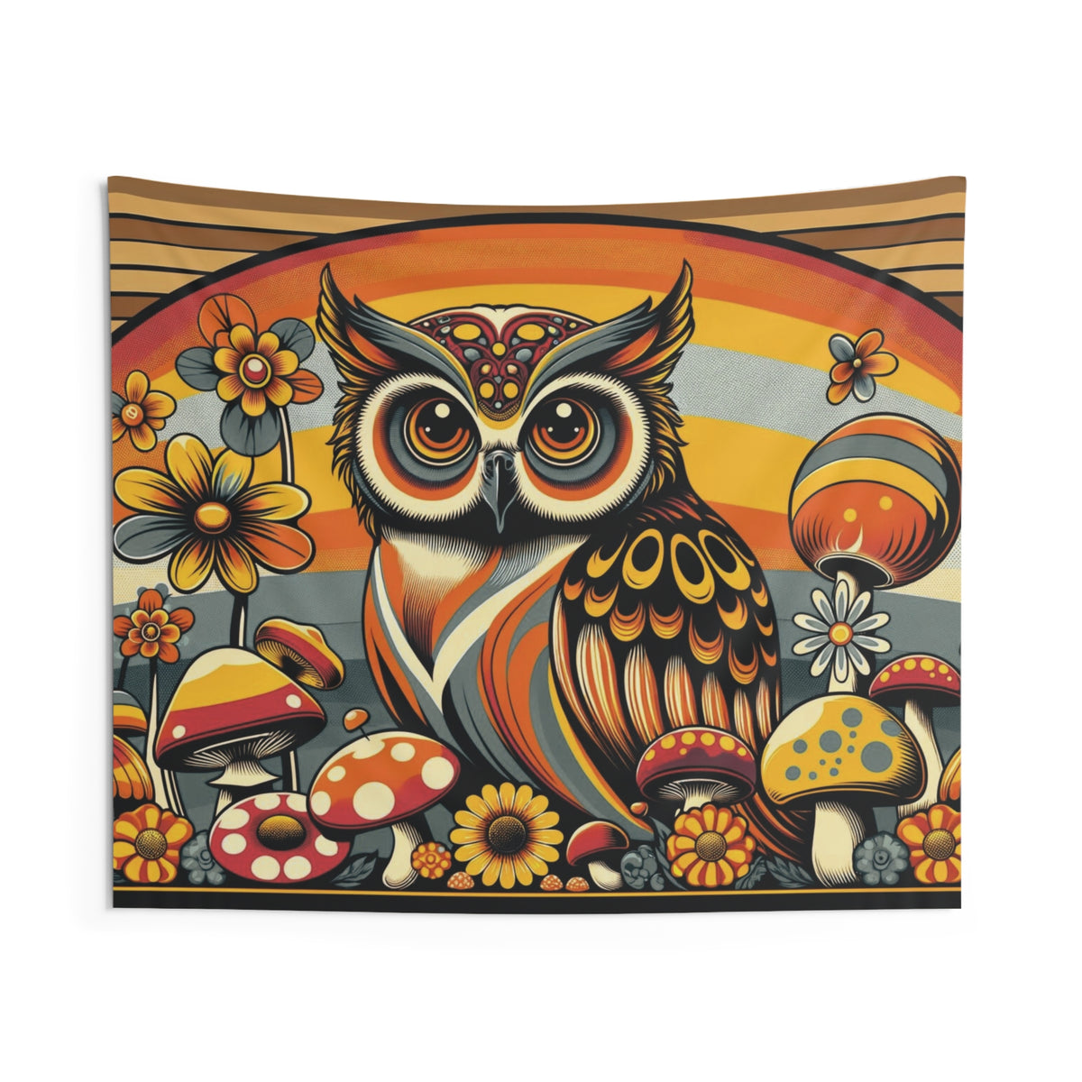 70s Owl Art, Hippie Boho Merry Mushroom, Groovy Brown, Orange, 1970s Home Decor Indoor Wall Tapestries - Mid Century Modern Gal