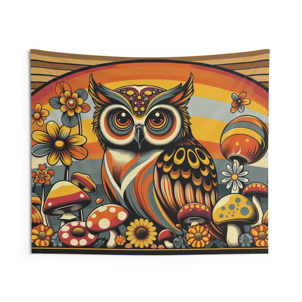 70s Owl Art, Hippie Boho Merry Mushroom, Groovy Brown, Orange, 1970s Home Decor Indoor Wall Tapestries