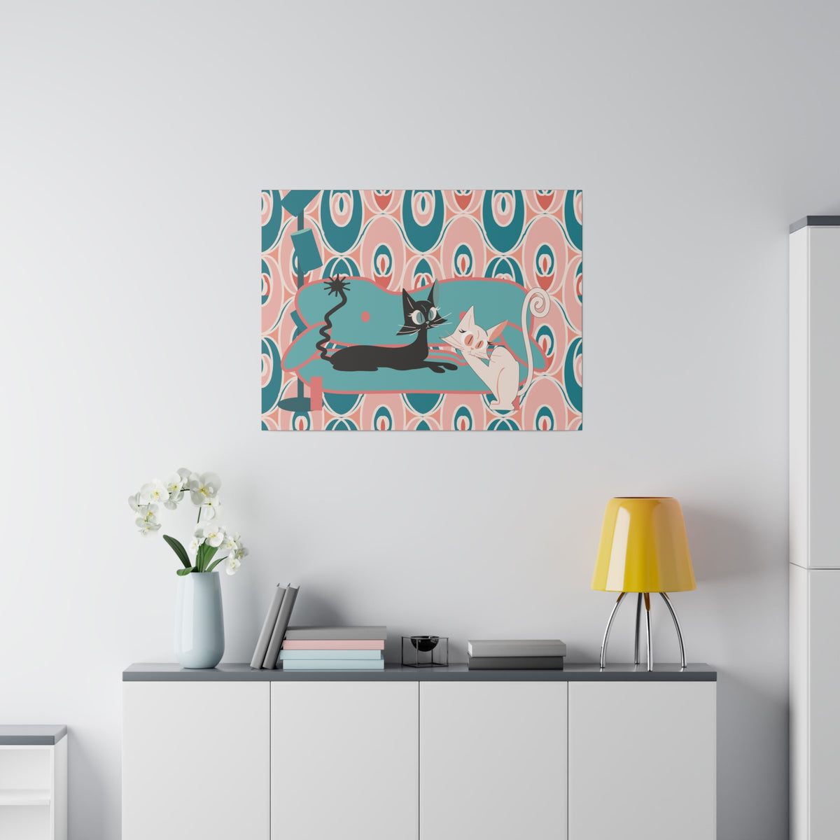 Atomic Cat Wall Art, Teak, Pink, Mid Century Modern Wall Art - Mid Century Modern Gal