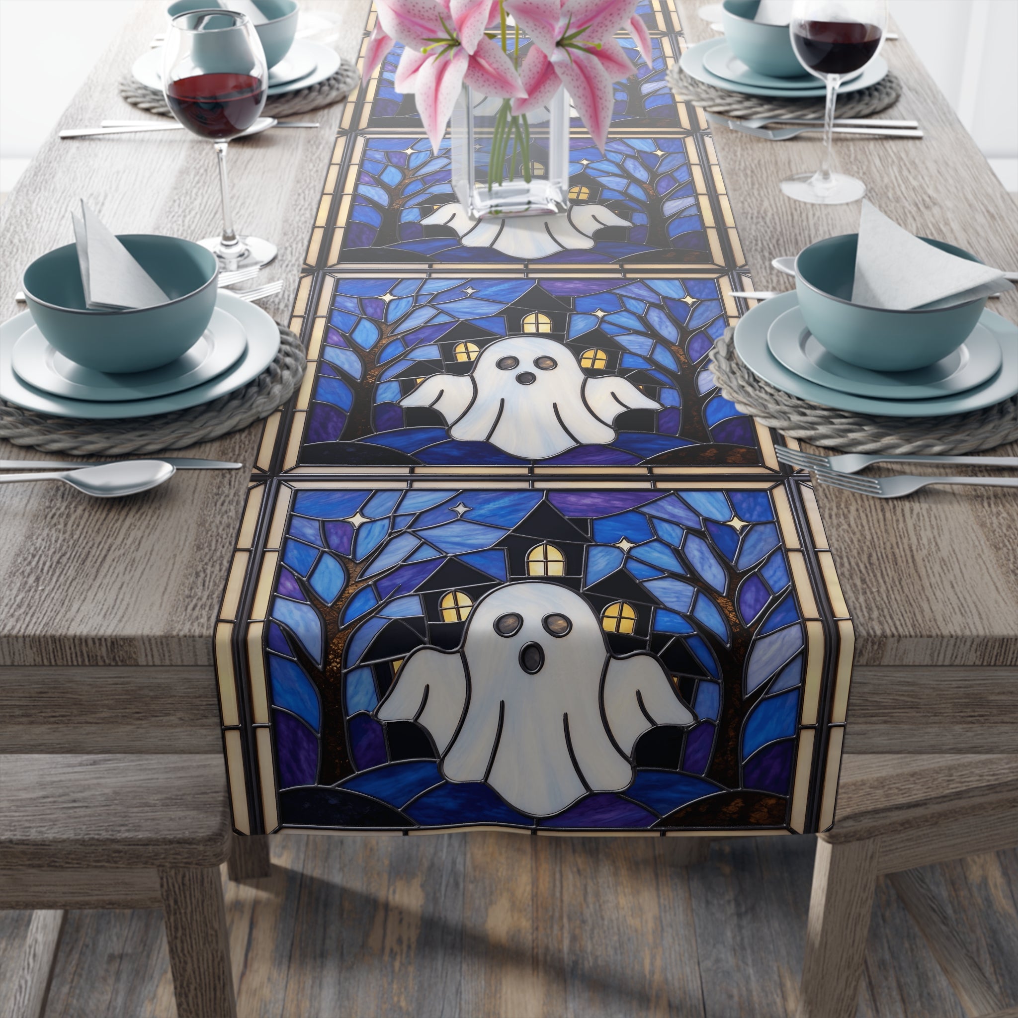 Halloween Stained Glass Style Ghost Haunted House Table Runner