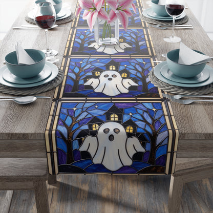 Halloween Stained Glass Style Ghost Haunted House Table Runner