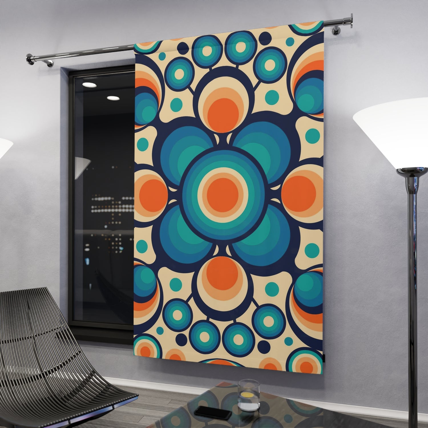 Mid Century Modern Groovy Orbs, Orange, Blue Geometric Mid Mod Retro Window Curtains (1 Piece) - Mid Century Modern Gal