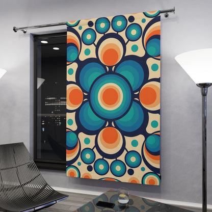 Mid Century Modern Groovy Orbs, Orange, Blue Geometric Mid Mod Retro Window Curtains (1 Piece) - Mid Century Modern Gal