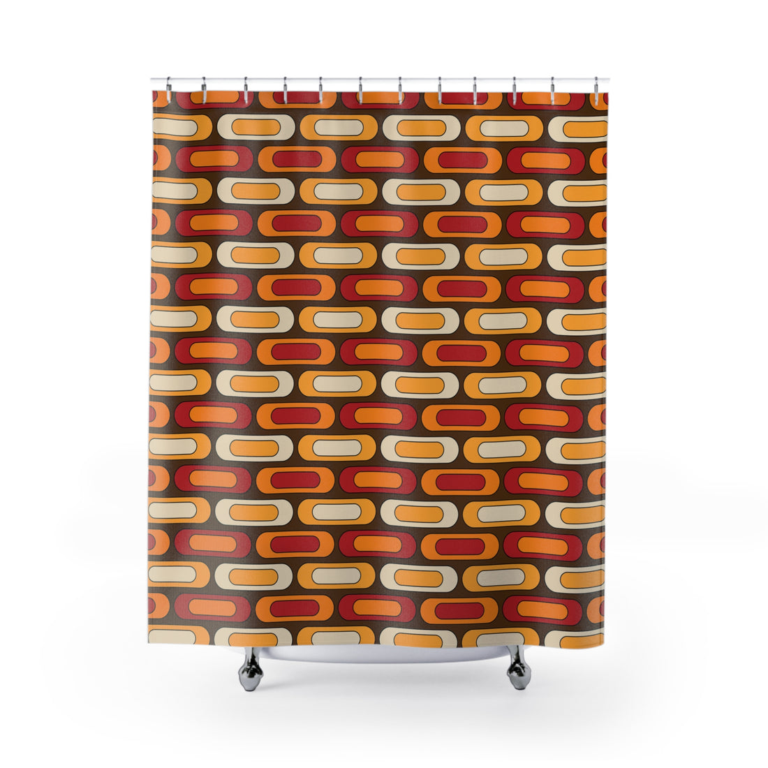 Retro Geometric Mid Mod Brown Orange Yellow, Burnt Red MCM Shower Curtain - Mid Century Modern Gal