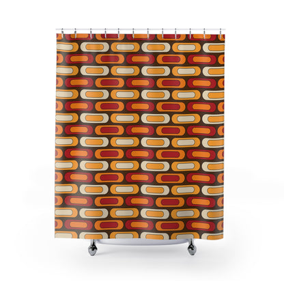 Retro Geometric Mid Mod Brown Orange Yellow, Burnt Red MCM Shower Curtain - Mid Century Modern Gal