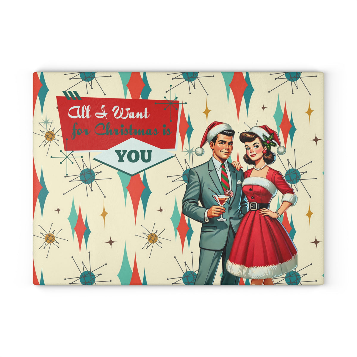 Mid Century Christmas Kitschy 50s Style Cheese Board, Holiday MCM Barware Glass Cutting Board - Mid Century Modern Gal
