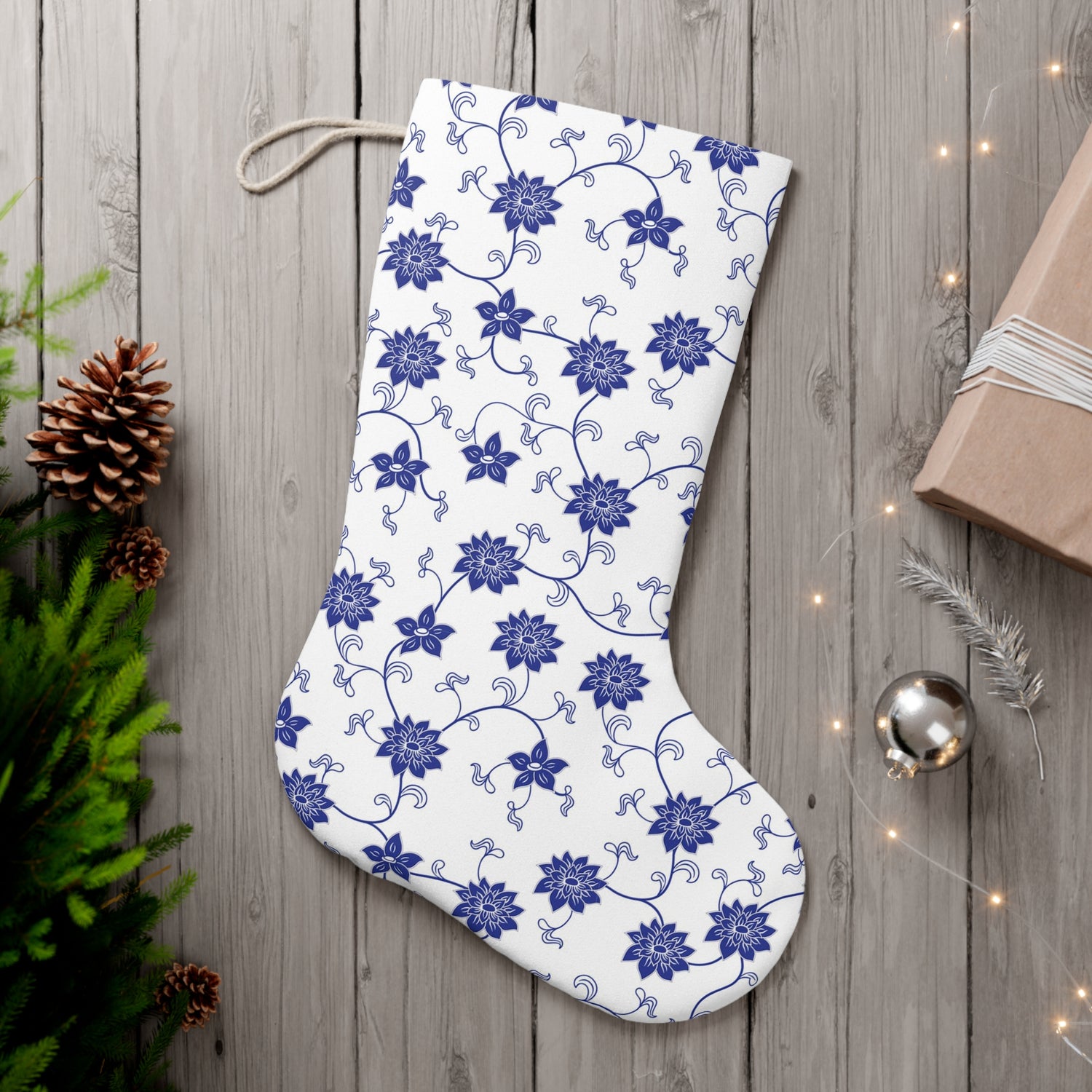 Chinoiserie Christmas Stocking, Blue, White Willow, Scrolling Floral, Whimsical, Mod Chinoiserie Holiday Collections