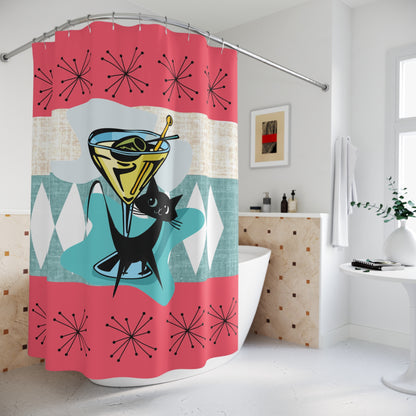 Atomic Cat, Martini Tini Time Kitschy Coral, Teal Atomic Starbursts Retro Cocktail Shower Curtain – Fun Mid-Century Design for Home Decor - Mid Century Modern Gal