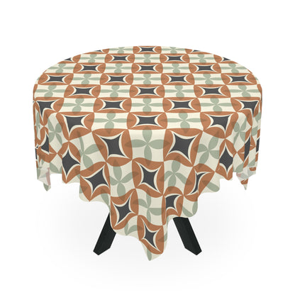 Mid Century Modern Interlocking Geometric, Terracotta Sage Charcoal Tablecloth - Mid Century Modern Gal