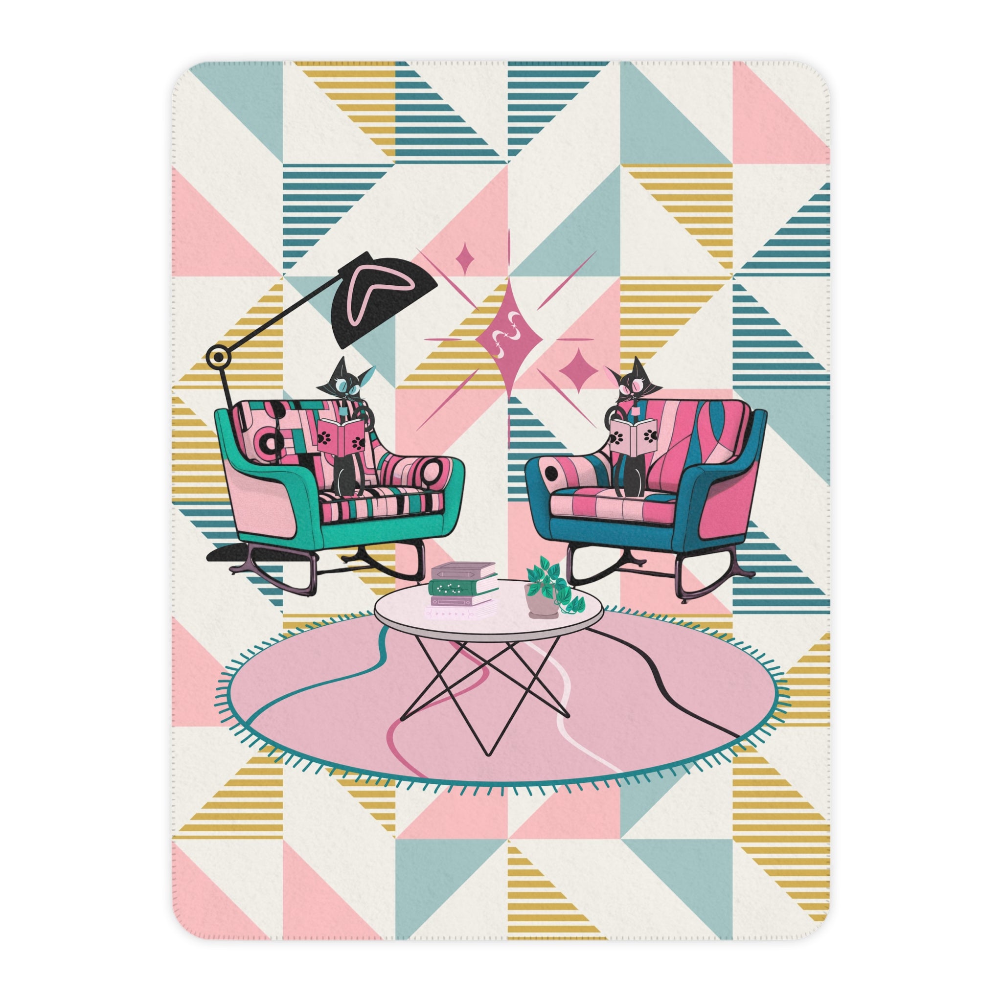 Atomic Reading Cats, Mid Century Modern Kitschy Mod Cozy Retro Blanket - Mid Century Modern Gal