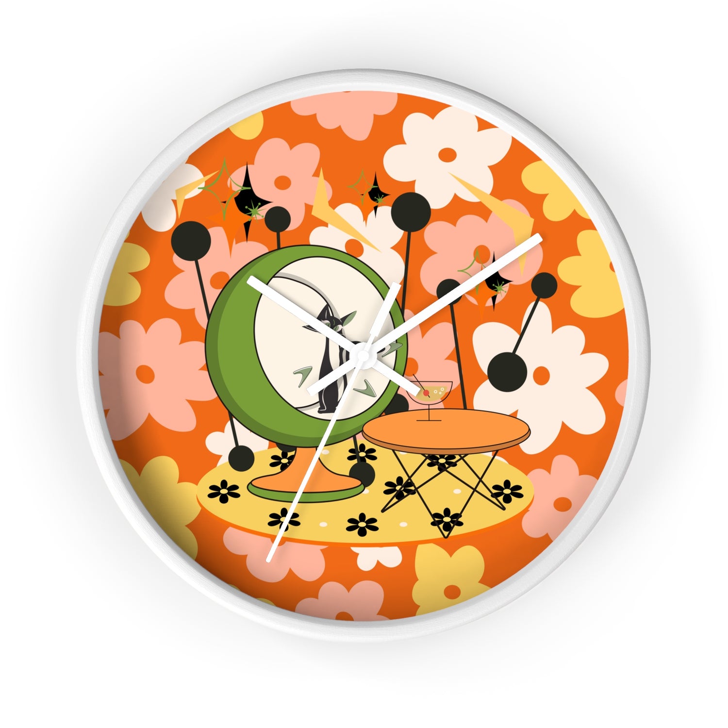 Atomic Cat Mid Century Modern Groovy Retro Floral Cat Wall Clock - Vintage Home Decor - Mid Century Modern Gal