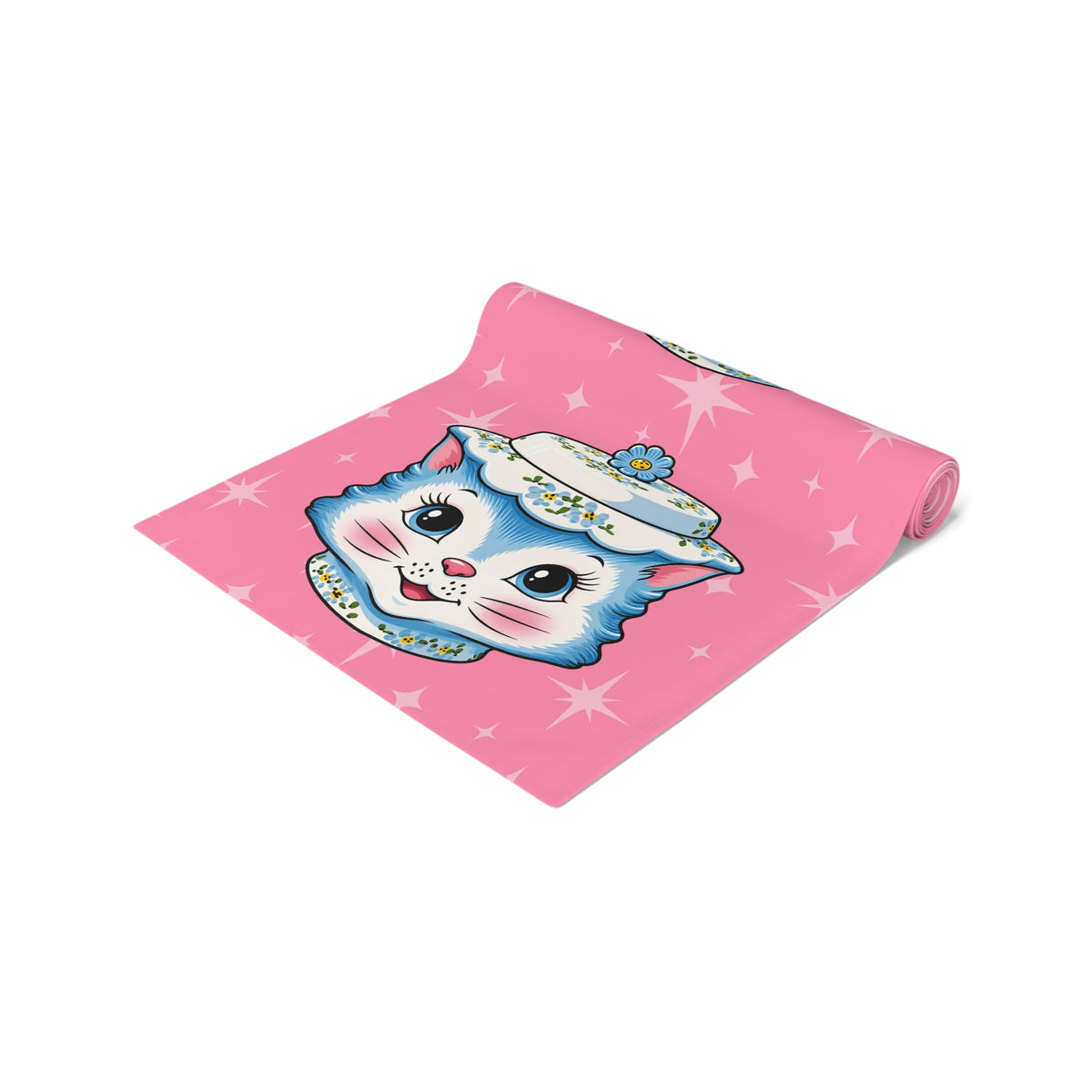 Mid Century Modern Kitschy Anthropomorphic Blue Cat with Floral Hat Table Runner - Mid Century Modern Gal