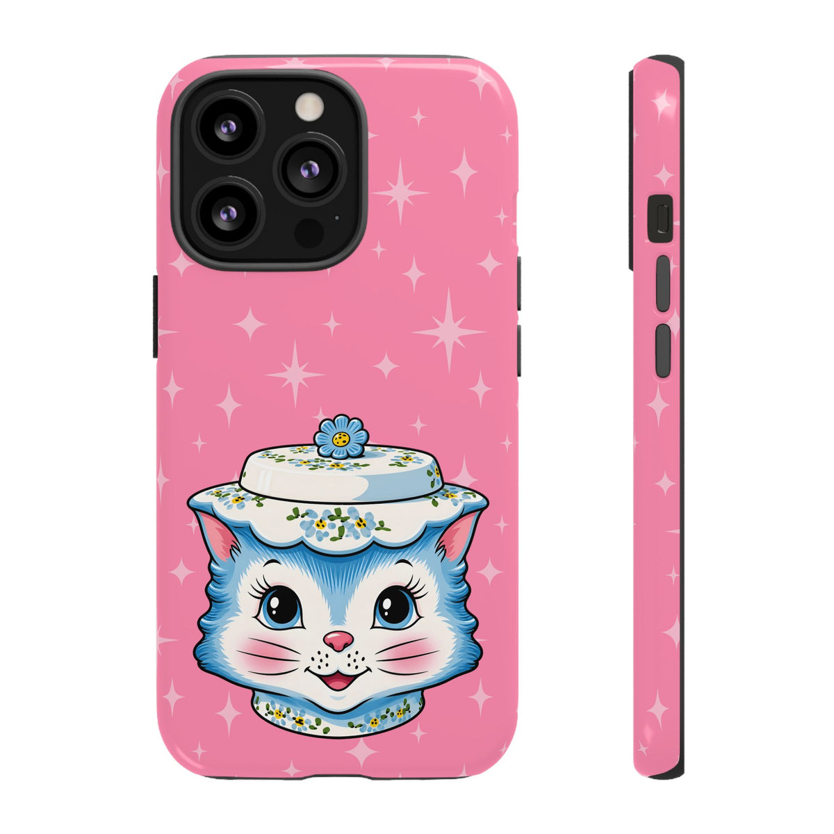 Mid Century Modern Kitschy Anthropomorphic Blue Cat with Floral Hat Tough Phone Case