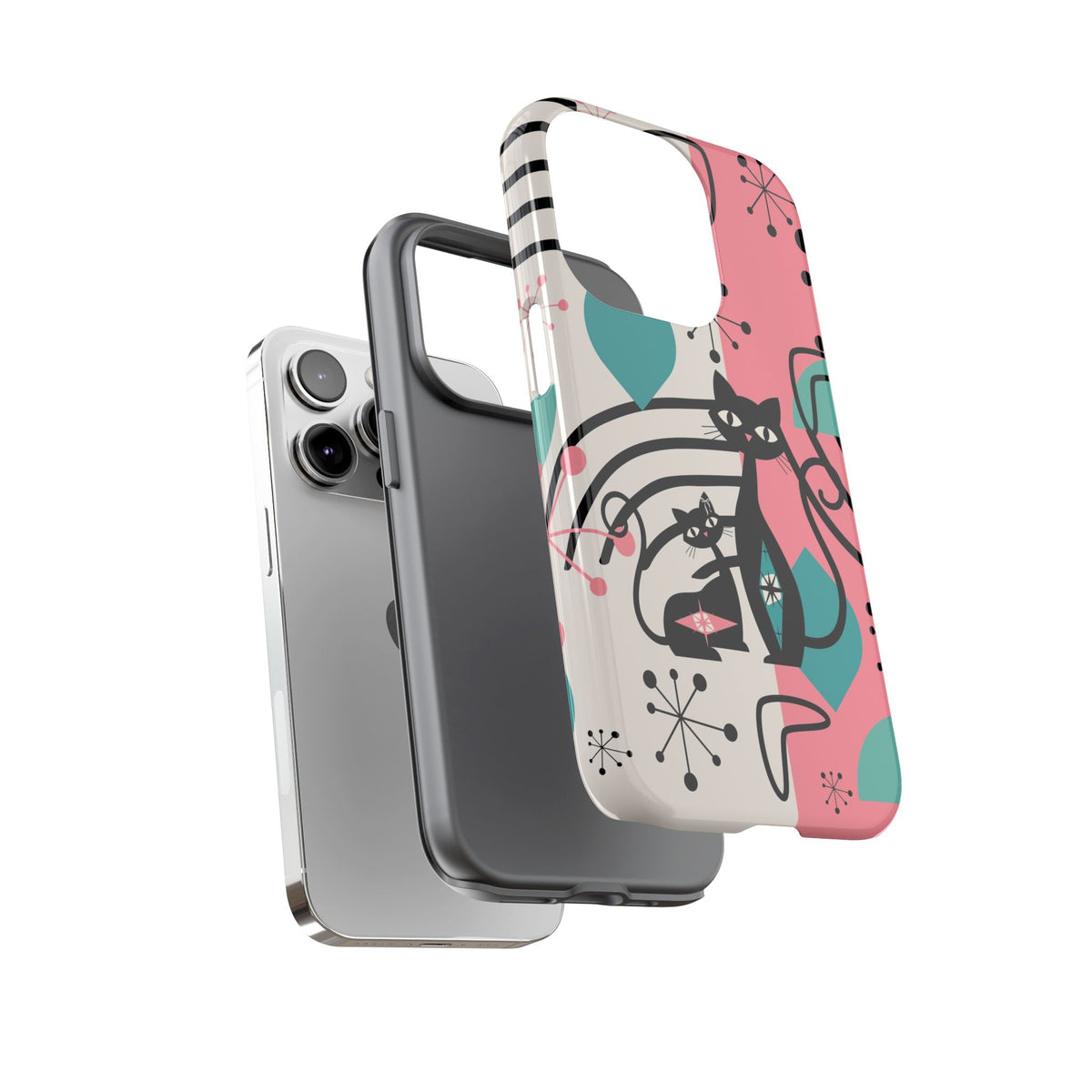 Mid Mod Atomic Cat Boomerang Starburst, Pink, Black Kitschy Stylish Cat Phone Case: Modern Design for Cat Lovers
