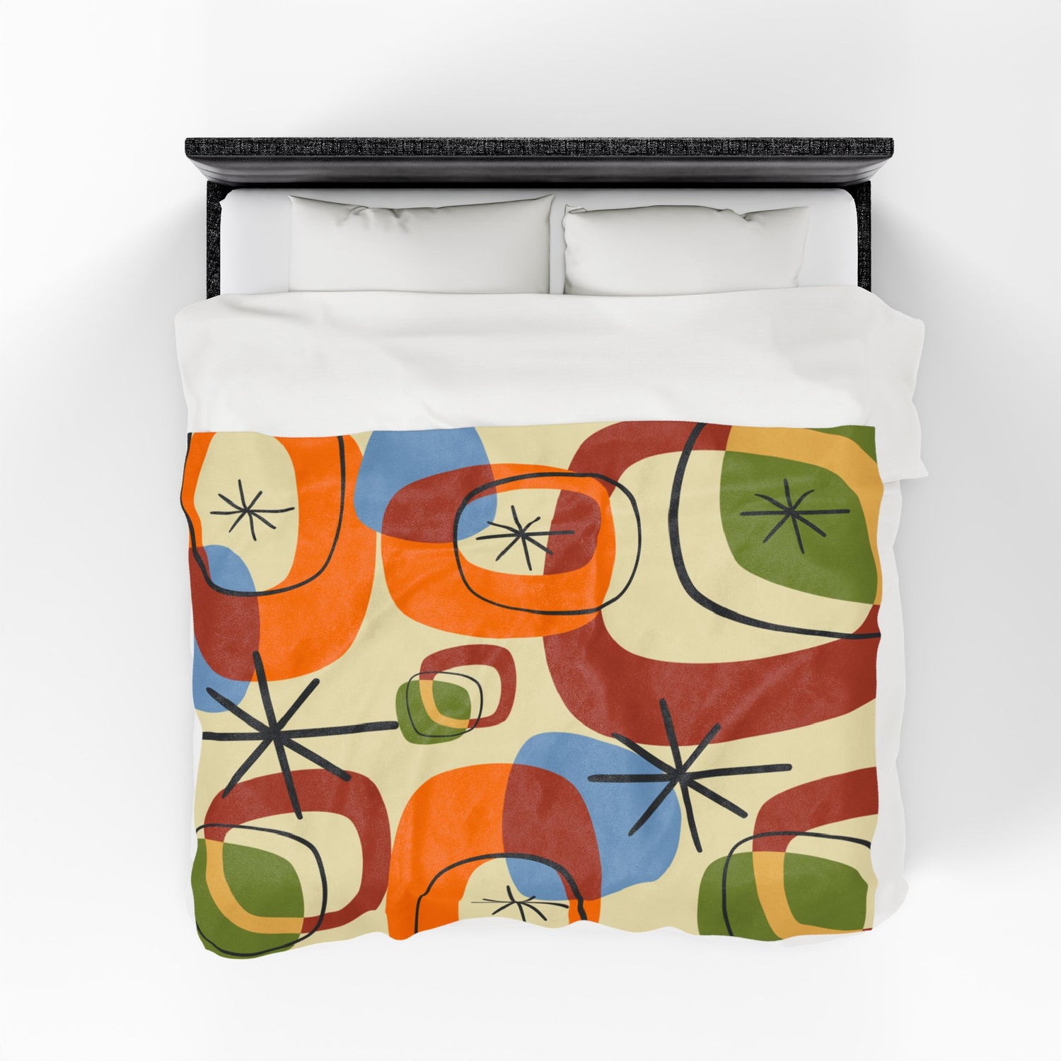 Retro Geo Pattern THIN Cozy, Warm Mid Century Modern Groovy Green, Orange, Blue, Black, Light Beige Background Velveteen Plush Blanket - Mid Century Modern Gal