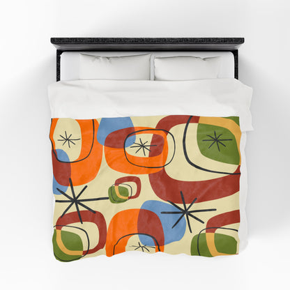 Retro Geo Pattern THIN Cozy, Warm Mid Century Modern Groovy Green, Orange, Blue, Black, Light Beige Background Velveteen Plush Blanket - Mid Century Modern Gal