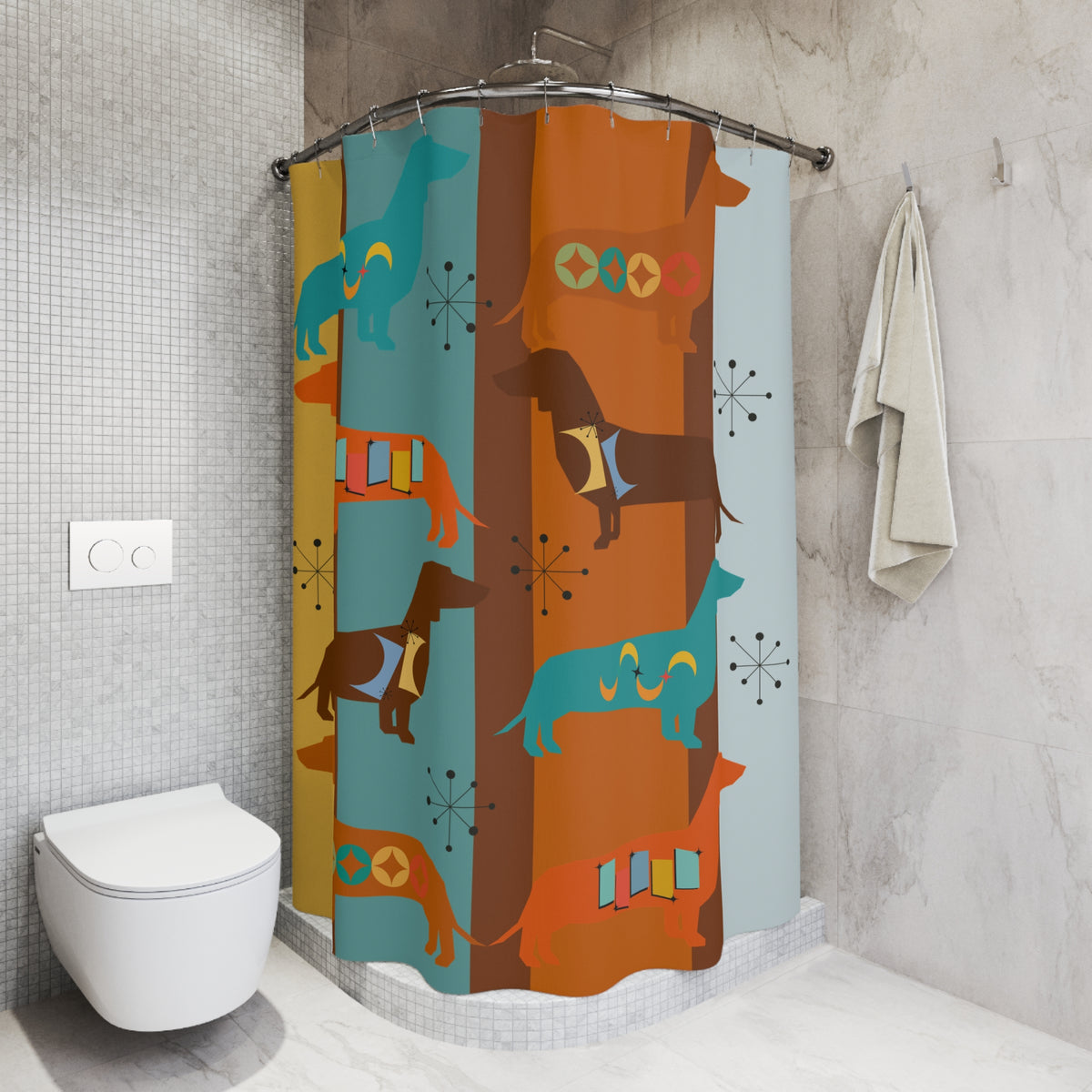 Mid Century Modern Colorful Dachshund Shower Curtain – Fun and Whimsical Bathroom Decor for Dog Lovers - Mid Century Modern Gal