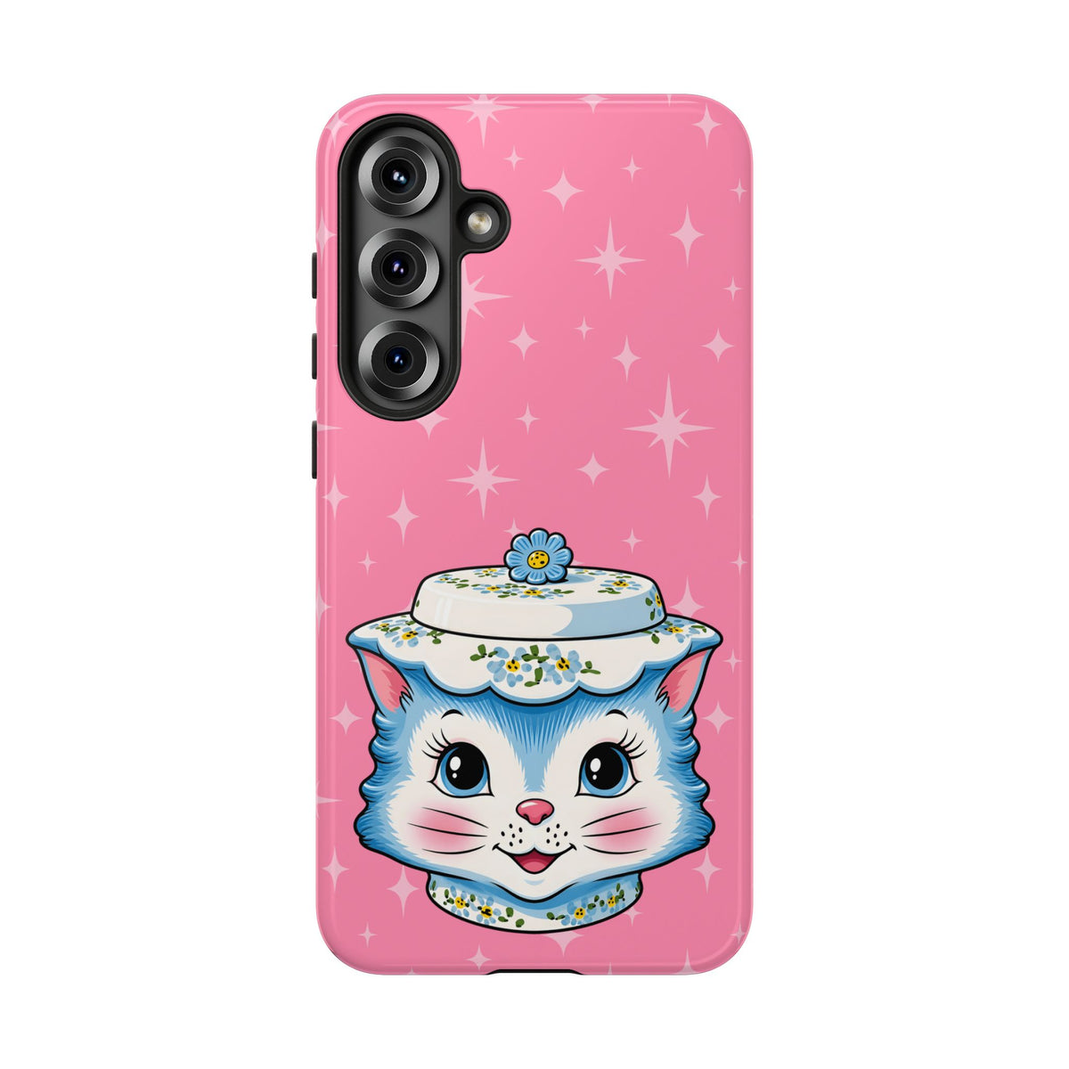 Mid Century Modern Kitschy Anthropomorphic Blue Cat with Floral Hat Tough Phone Case