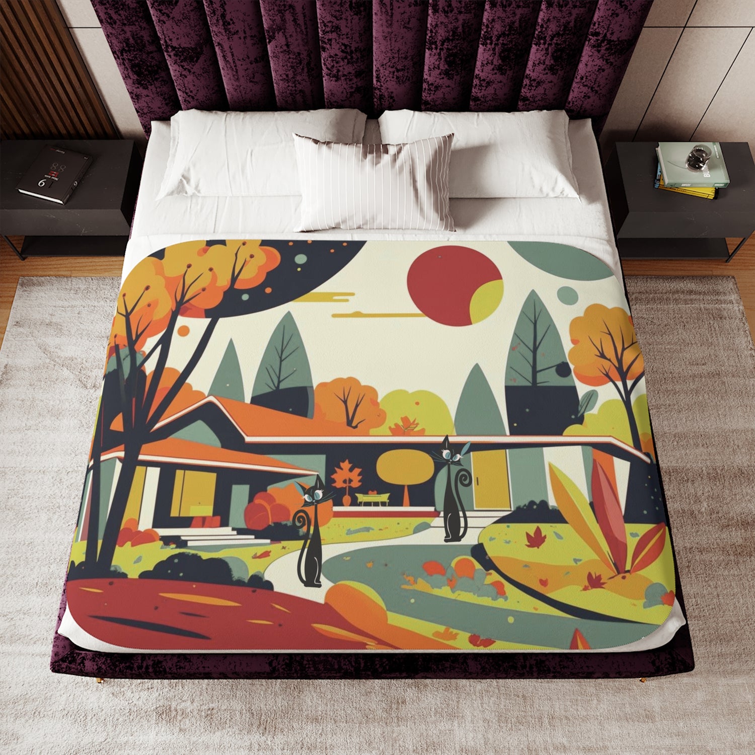 Scandinavian Floral Mid Century Modern Atomic Cat Kitschy Seasonal Sherpa Blanket - Mid Century Modern Gal