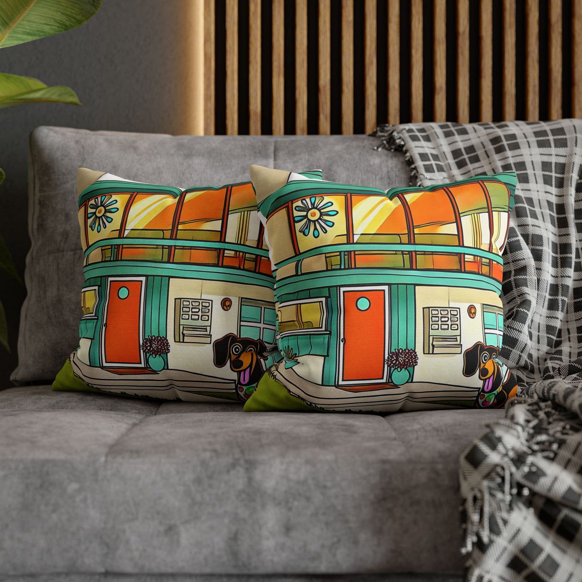 Doxie Dog Dwelling, Kitschy Mid Century Modern Pillow COVER Only - Mid Century Modern Gal