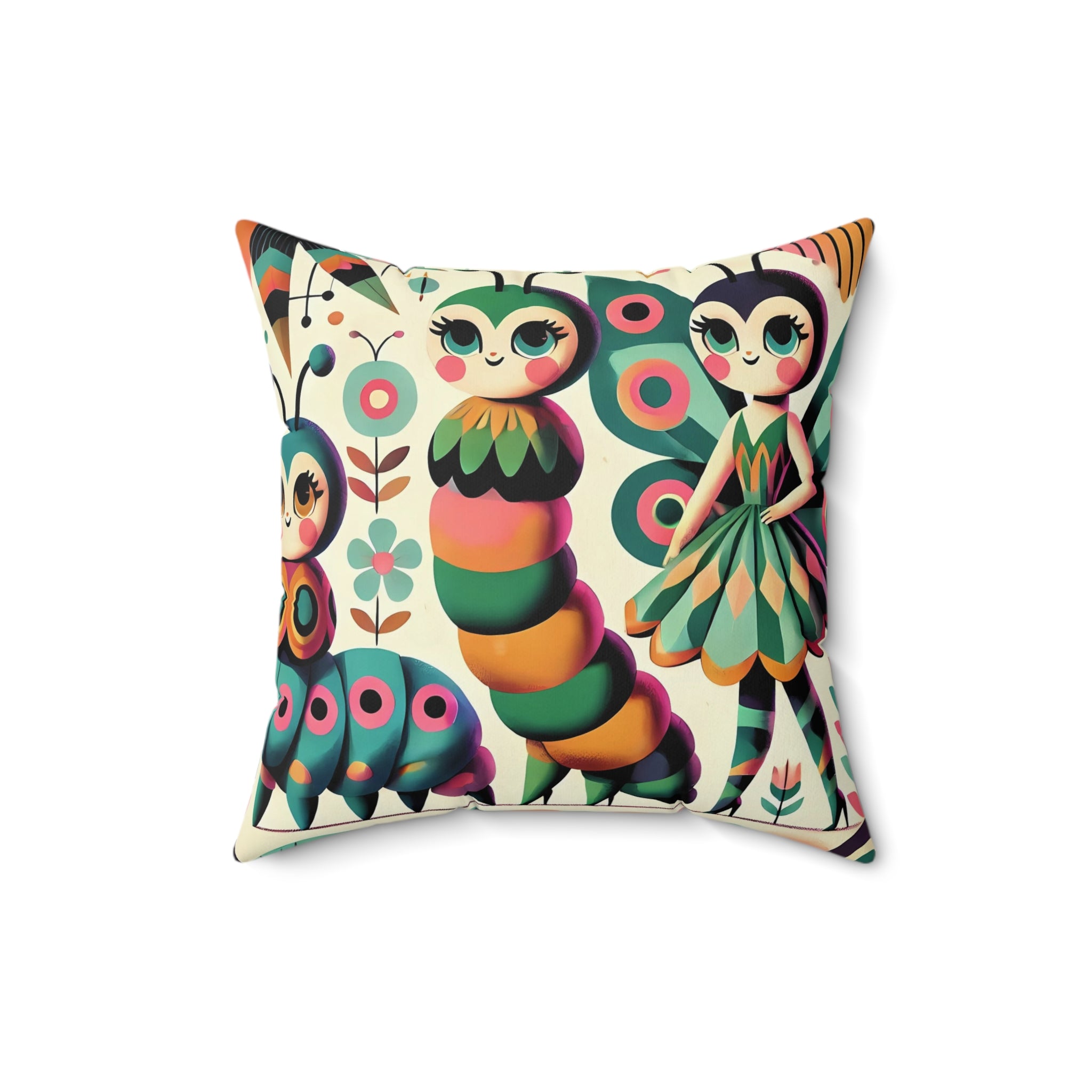 Anthropomorphic Catepillar Pixie Whimsical Butterfly Garden Pillow 60s Vibe