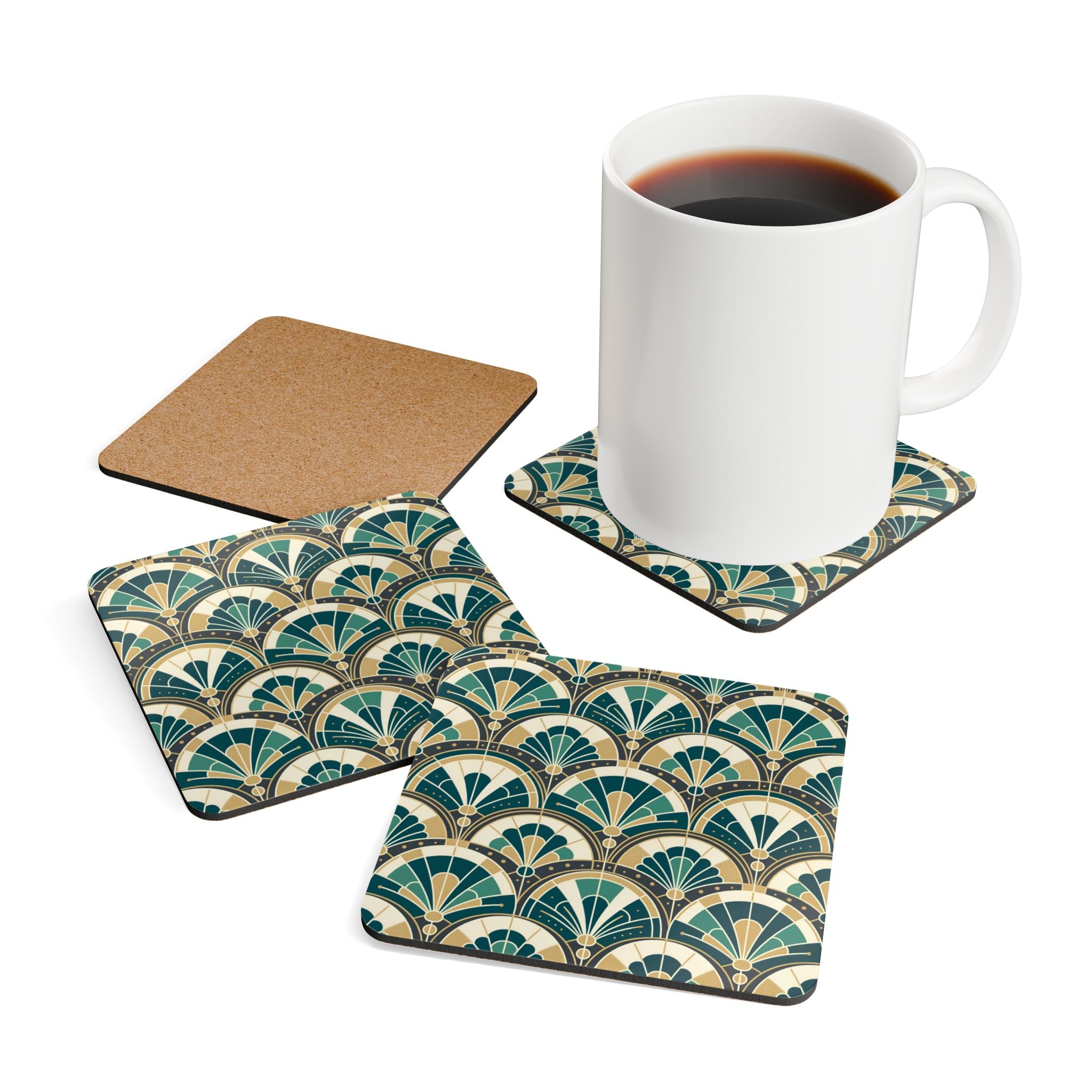 Art Deco Peacock Inspired Corkwood Coaster Set - Mid Century Modern Gal