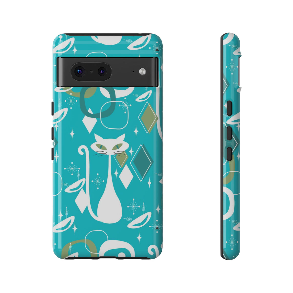 Atomic Cat Space Designs, Mid Century Modern, Aqua, White Kitschy Cat Tough Phone Case