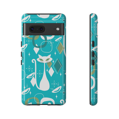 Atomic Cat Space Designs, Mid Century Modern, Aqua, White Kitschy Cat Tough Phone Case