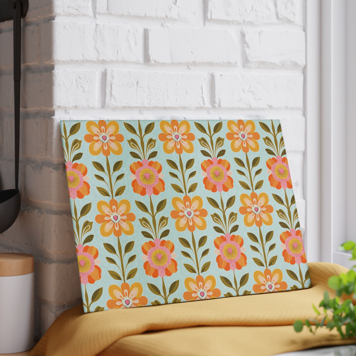 Mid Century Modern Scandinavian Orange Yellow Green Mid Mod Floral Glass Cutting Board - Colorful Kitchen Decor - Mid Century Modern Gal
