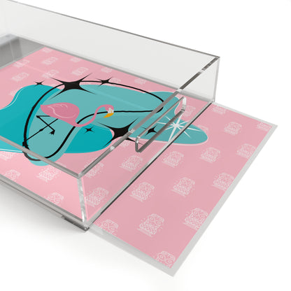 Pink Flamingo, Retro Tiki Pink, Aqua Blue Ottomon Acrylic Serving Tray - Mid Century Modern Gal