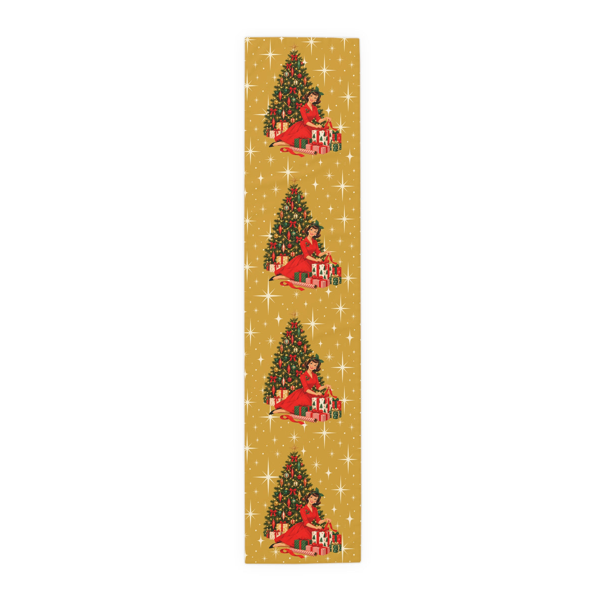 Mid Century Modern Christmas Glamour Gal Wrapping Presents by Tree, Gold Atomic Starbursts Table Runner